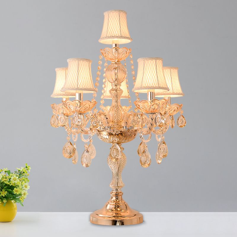 5/6 Heads Candelabra Table Light Traditional Gold Crystal Droplets Nightstand Lamp with/without White Bell Fabric Shade