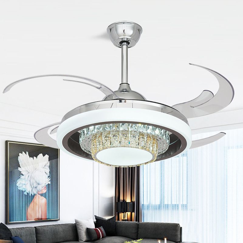 LED Metal Hanging Fan Light Modern Silver Round Living Room Semi Flush Mount Ceiling Fixture with 4 Clear Blades, 42" W