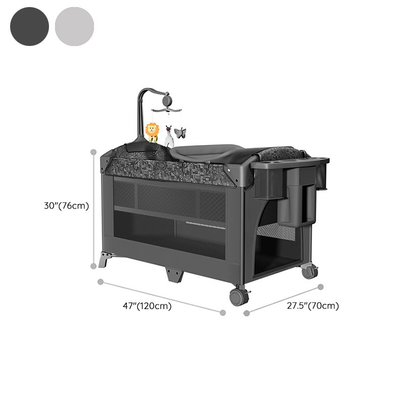 4-in-1 Folding Crib in Black and Gray Mattress Included Crib with Storage and Casters