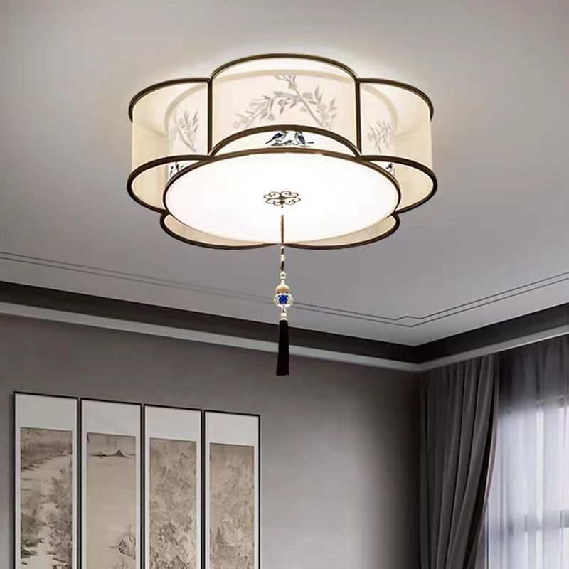 New Chinese Style Ceiling Light Geometry Shape Ceiling Lamp with Fabric Shade for Bedroom