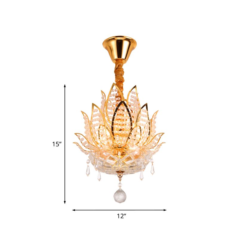 Traditional Lotus Flush Mount Lamp 3-Light Crystal Close to Ceiling Light in Gold