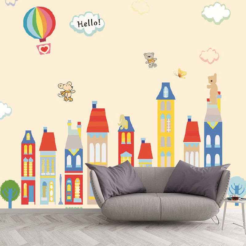 Cartoon Fantasy Houses Wall Mural Pastel Color Stain-Resistant Wall Decor for Kindergarten