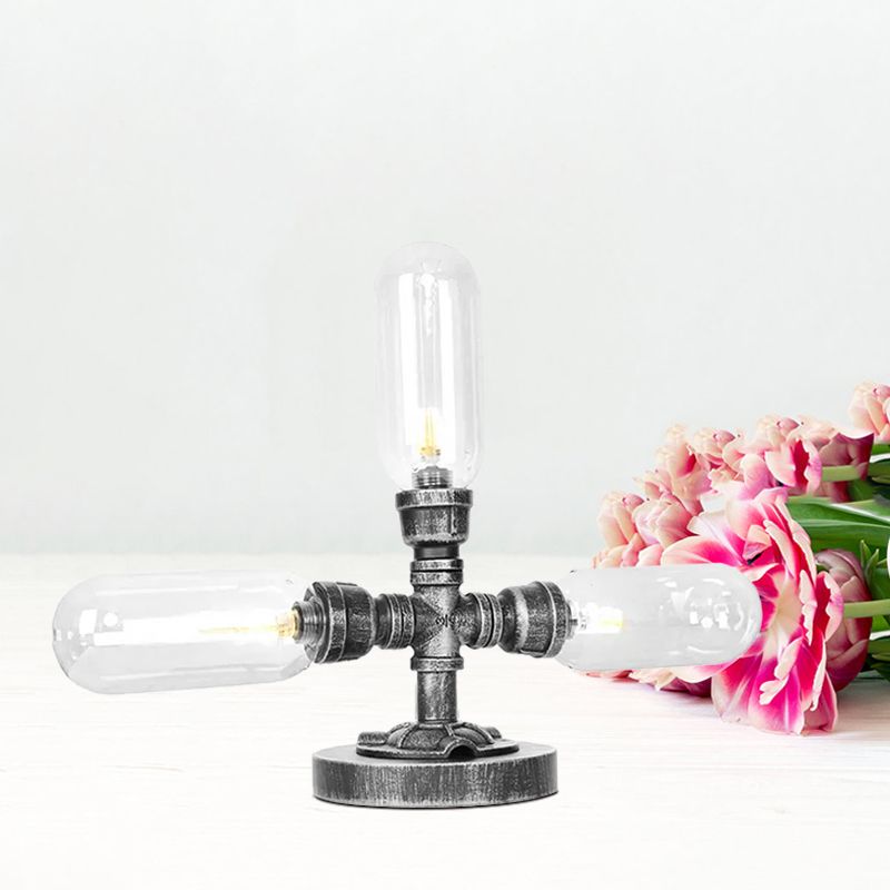 Capsule Clear/Amber Glass Night Light Farmhouse 2/3 Heads Tearoom LED Table Lamp with Pipe Base