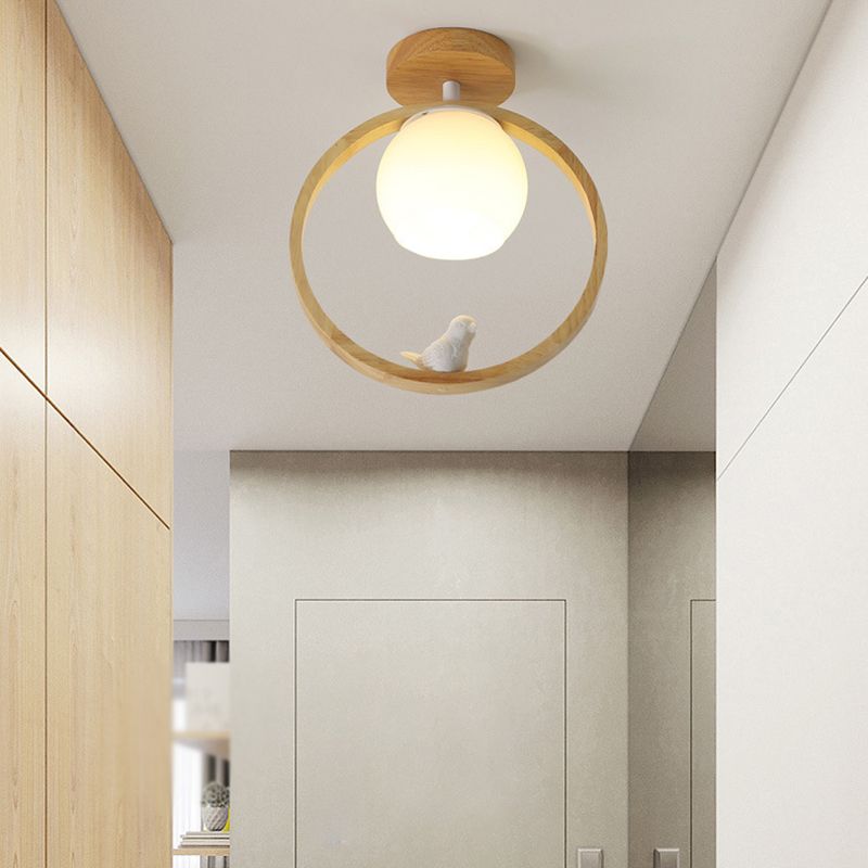 White Shaded Ceiling Light Contemporary Flush Mount Lighting with Wood for Room