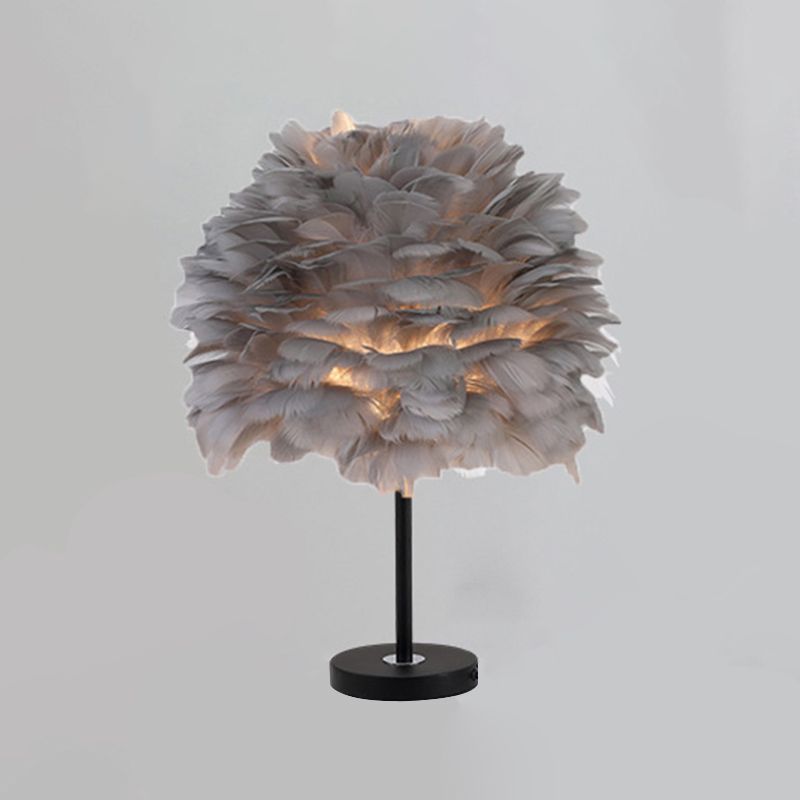 Goose Feather Dome Night Light Nordic 1 Bulb Grey/White/Pink Table Lamp with Tripod/Straight Stand in Black/White/Wood