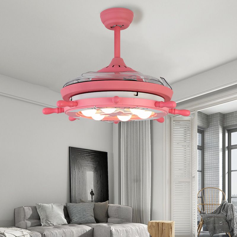 4 Blades Ship Rudder Ceiling Fan Light Childrens Metal LED Pink Semi Mount Lighting for Bedroom, 42" W