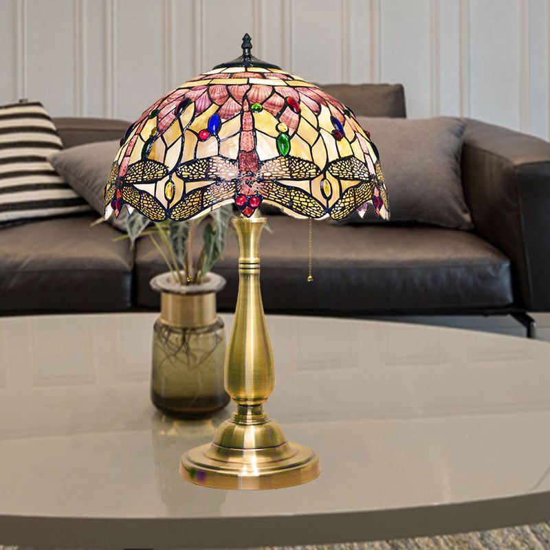 Scalloped Dome Shade Shell Night Lamp Tiffany 2 Heads Brushed Brass Table Lighting with Dragonfly Edge and Pull Chain