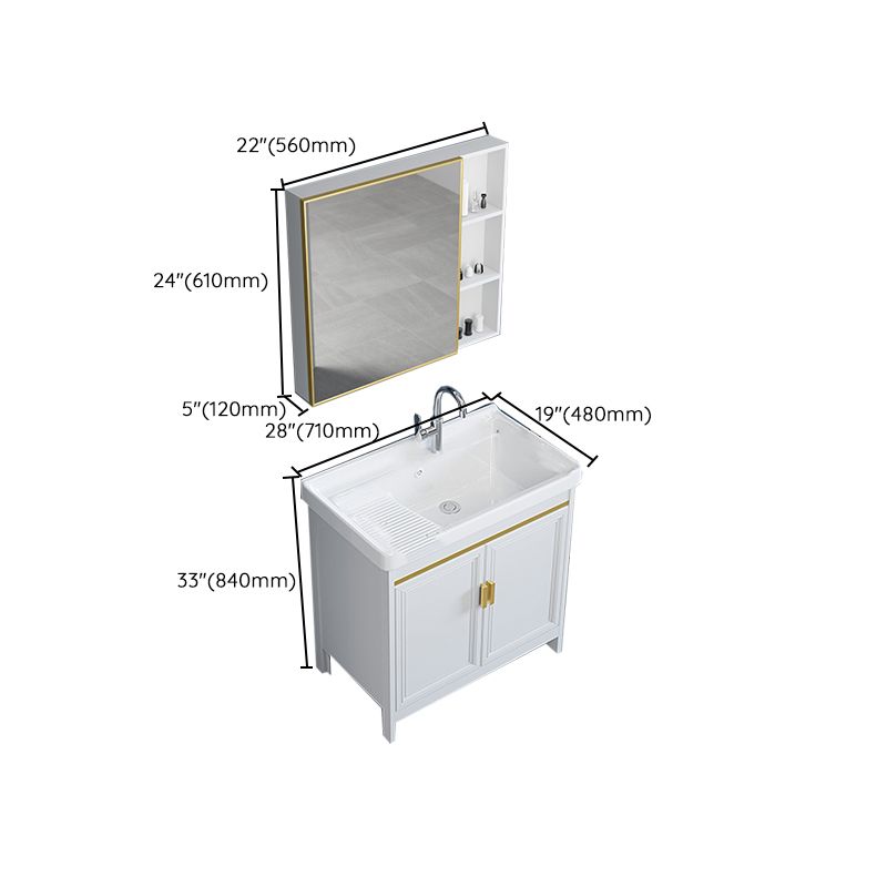 Freestanding Vanity Single Sink Metal Frame Rectangular White Mirror Vanity with Doors