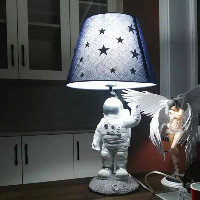 Blue Empire Shade Night Lamp Kids Single Star Patterned Fabric Table Lighting with Carved Spaceman Base, 10"/13" Wide