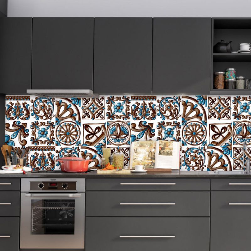 Boho Moroccan Tiles Wallpapers for Washroom 9.7-sq ft Adhesive Wall Art in Dark Color, 10 Pieces