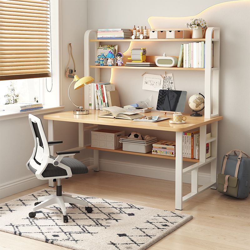 Modern Writing Desk with Wooden Storage Shelves in Steel Base