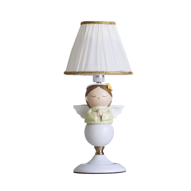 Resin Angel Night Table Light Cartoon 1 Bulb White Nightstand Lamp with Bucket Fabric Shade