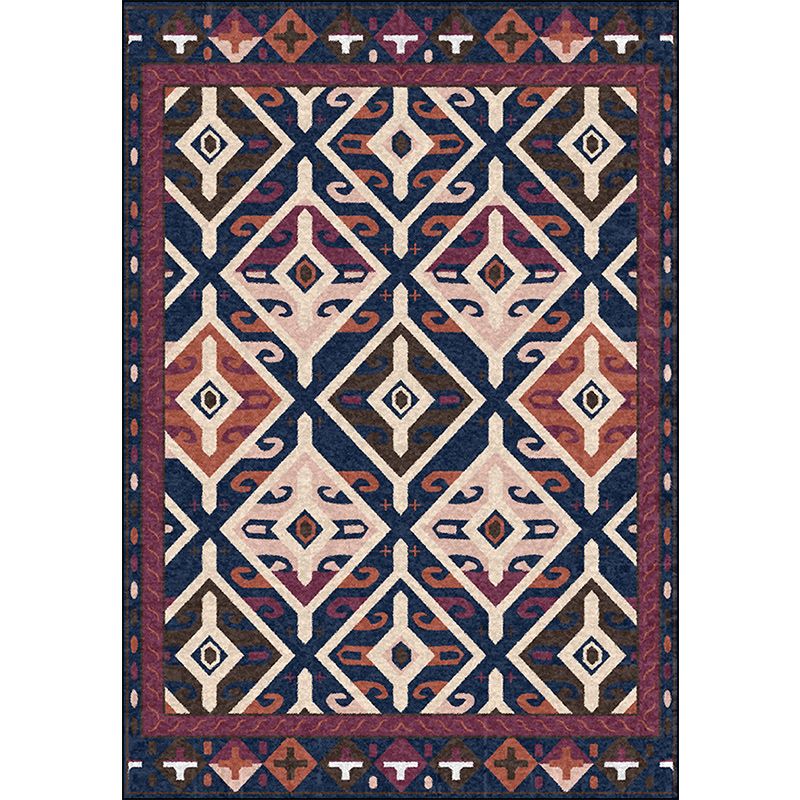 Moroccan Living Room Rug in Blue and Red Diamond Triangle Print Rug Polyester Washable Non-Slip Area Rug