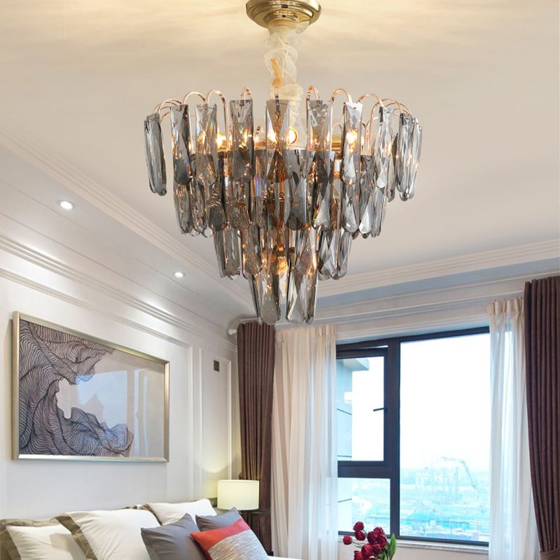 Clear/Smoke Gray Crystal Tiered Chandelier Lamp Modern 7-Light Bedroom Pendant Light Kit