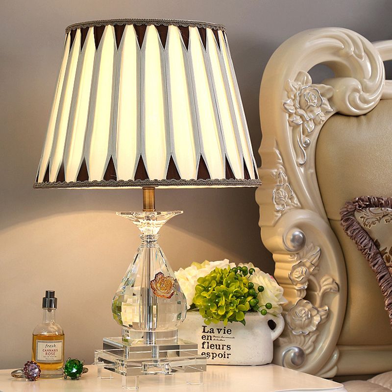 Single Bulb Table Lamp Rural Pleated Shade Fabric Night Light in White with Crystal Base for Bedroom