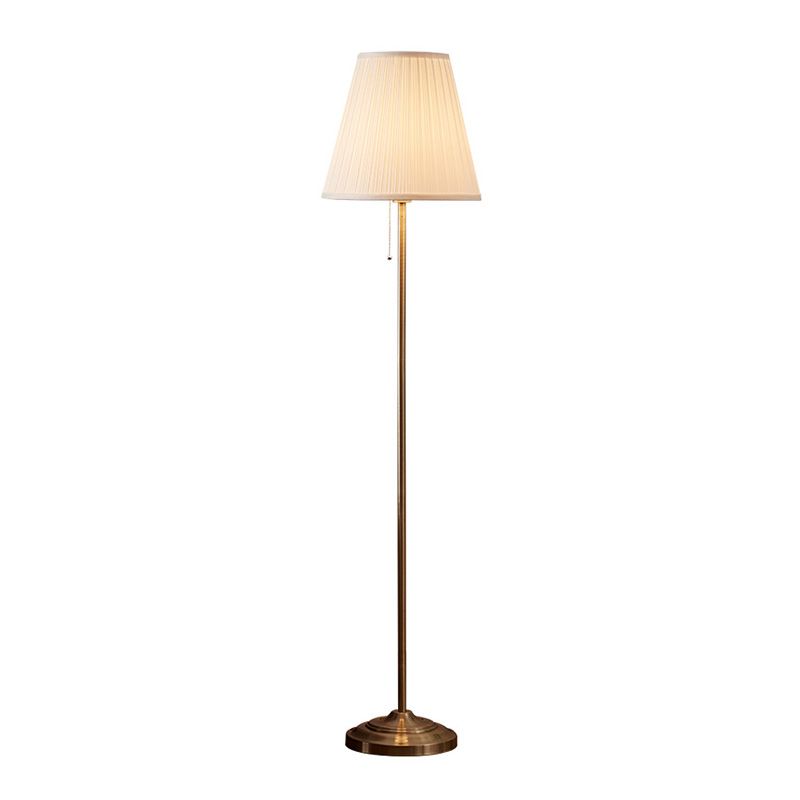 Brown Pleated Shade Standing Light Vintage Fabric 1 Head Living Room Floor Lamp with Pull Chain