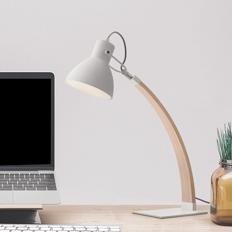 1 Light Study Room Reading Light Simple Black/White Finish Wood Desk Lighting with Domed Metallic Shade