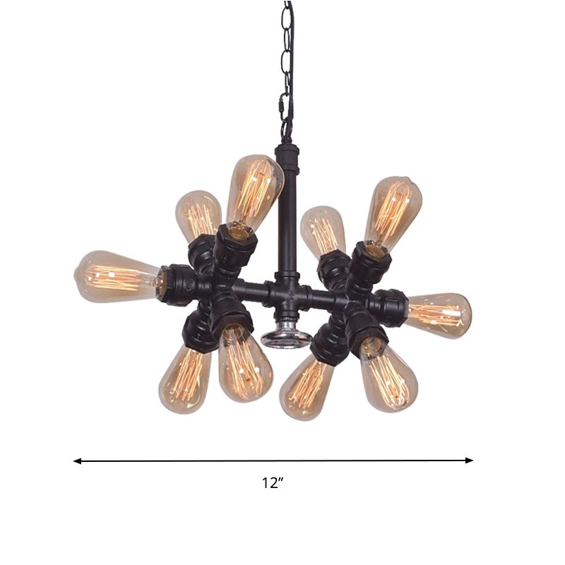 Exposed Bulb Chandelier Light Farmhouse Style Metal 10 Heads Black Pendant Lamp with Sputnik Design