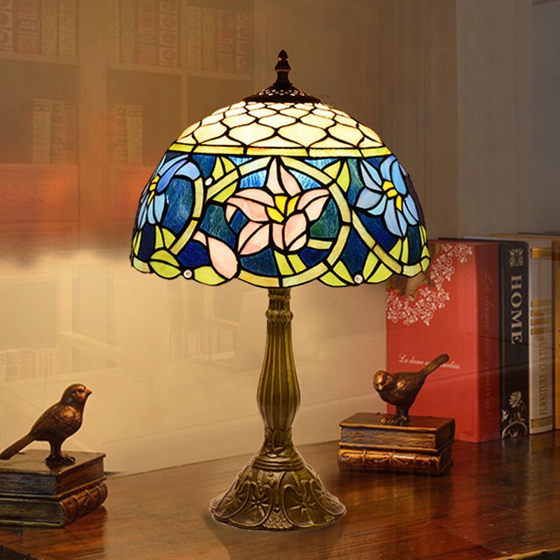 Daffodils Blue Glass Night Light Mediterranean 1-Light Bronze Table Lighting with Fishscale Element