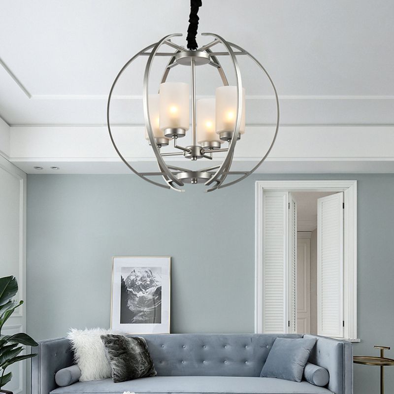 Cylinder Frosted Glass Hanging Light Contemporary 4-Head White Up Chandelier Pendant with Sphere Frame