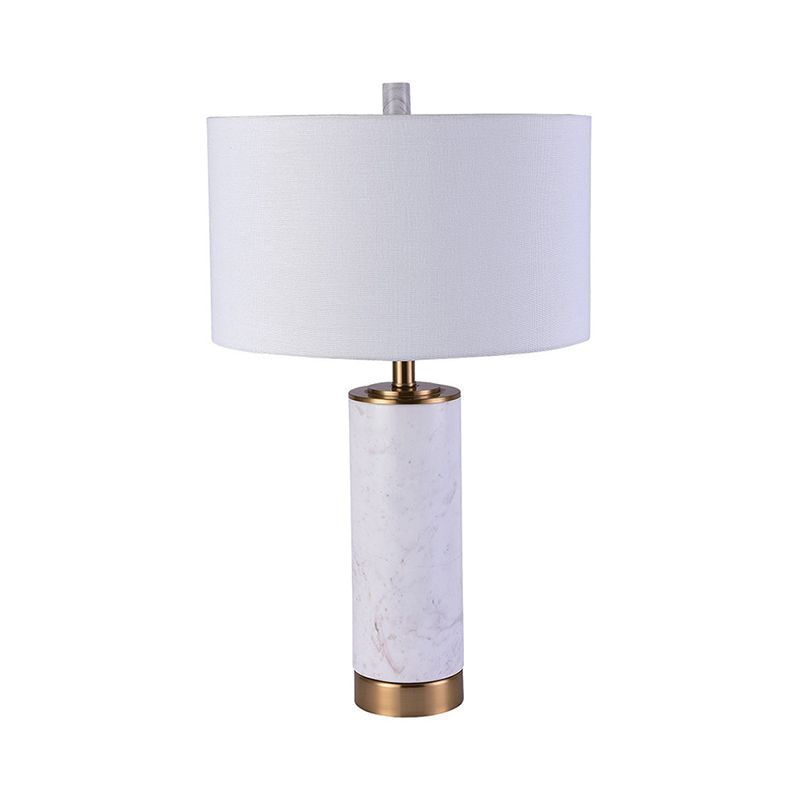 Drum Shade Nightstand Lamp Minimalist Fabric Single Bedroom Table Light with Marble Accent in White