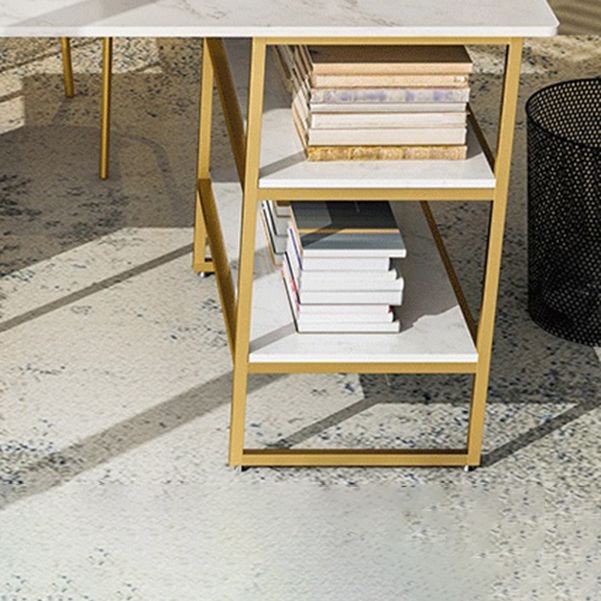 Glam Style Computer Desk Marble Rectangular Office Desk With Storage Shelf