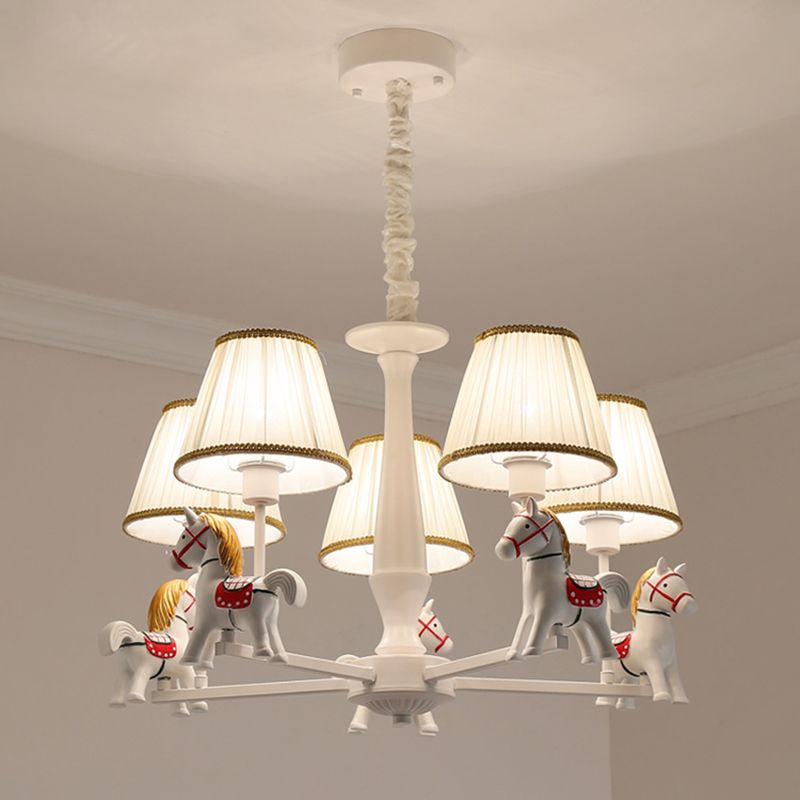 Pleated Fabric Tapered Ceiling Lighting Cartoon White Chandelier Light Fixture with Resin Horse