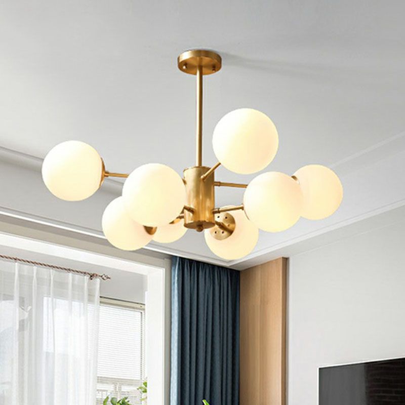 White Glass Sphere Ceiling Chandelier Postmodern Hanging Light Fixture in Gold for Living Room