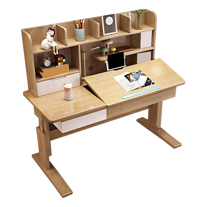 Adjustable Wooden Kids Desk with Hutch Natural Writing Desk and Chair Set with Drawer