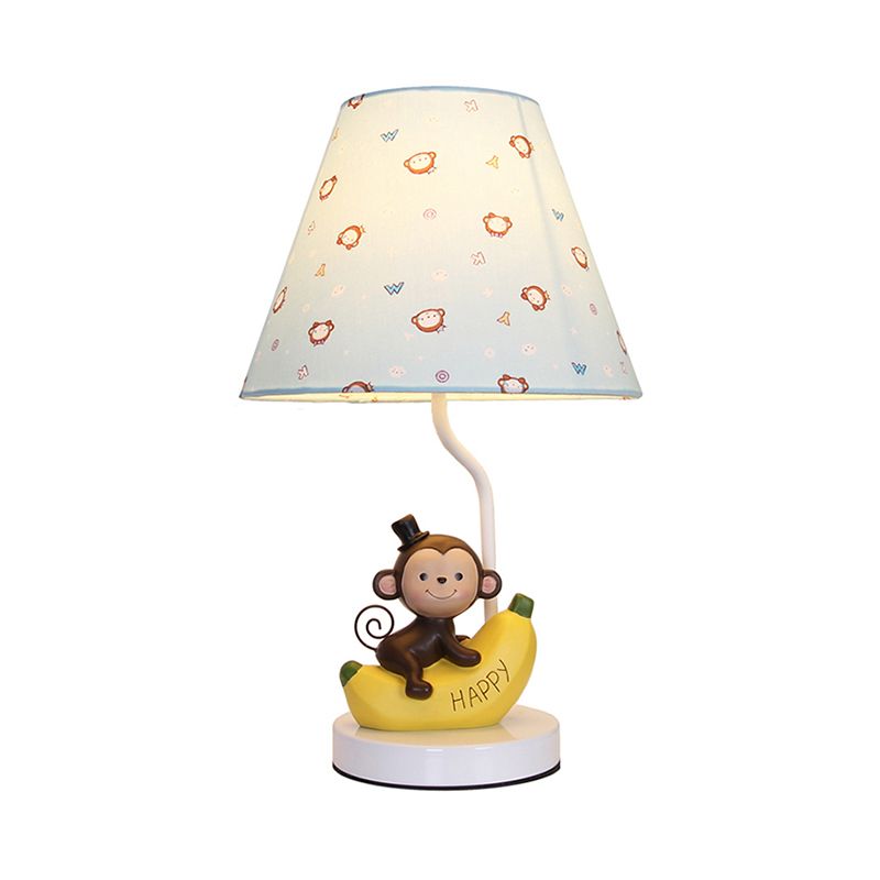 Fabric Floral Shade Table Light with Banana Monkey Kids Bedroom 1 Luz de lectura de dibujos animados en beige