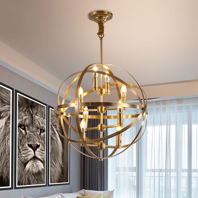 8 Bulbs Chandelier Lamp Traditional Candelabra Metallic Hanging Ceiling Light in Gold with Globe Wire Cage