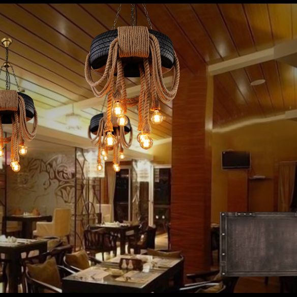 Modelado de neumáticos de estilo vintage Cáñamo Luz colgante de 6 luces Accesorios de iluminación de suspensión de bombilla abierta para cafetería