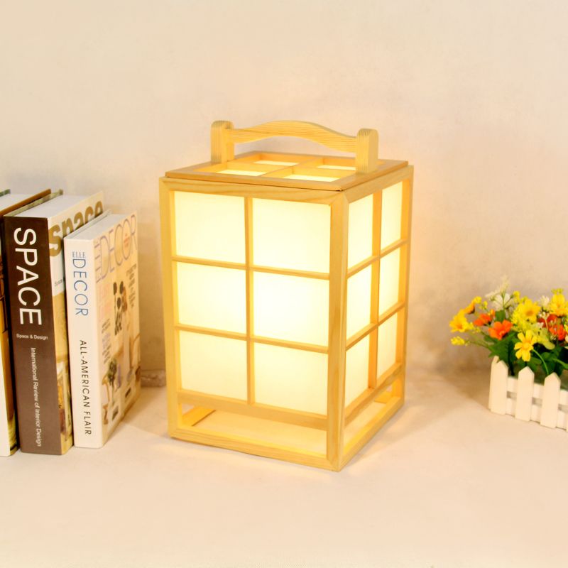 Japanese Rectangular Small Desk Lamp Wood 1 Bulb Task Lighting in Beige with Handle