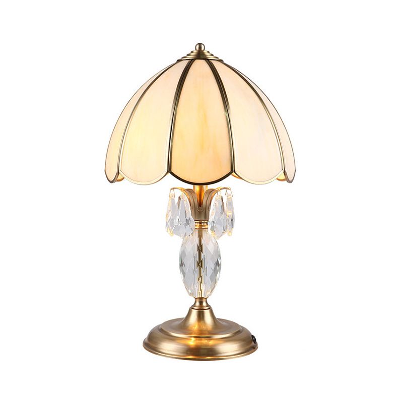 1 Light Beige Glass Table Lighting Classic Gold Dome Bedroom Night Lamp with Clear Crystal Accent