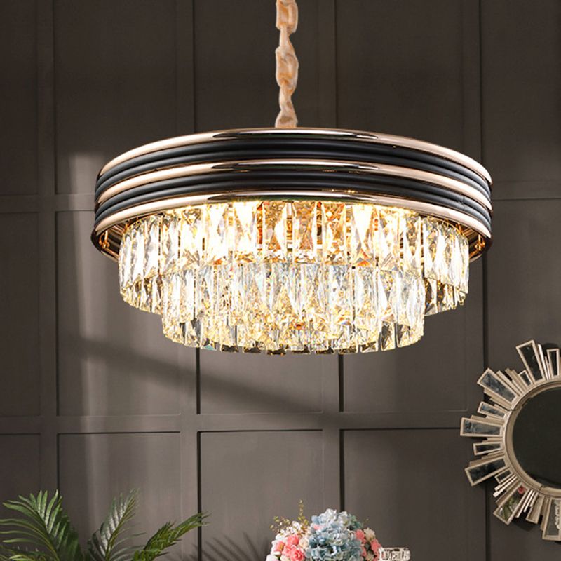 3-Tier Round Chandelier Light Modernism Crystal Block 9/11 Heads 18"/21.5" Wide Black Pendant Light