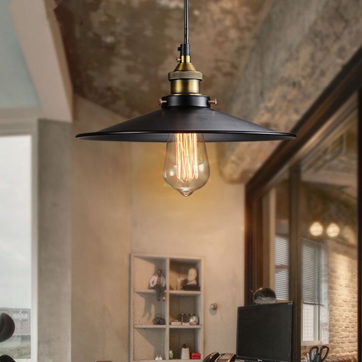 Black 1 Light Pendant Light Industrial Retro Tapered Shade Metal Hanging Lamp  for Dining Room