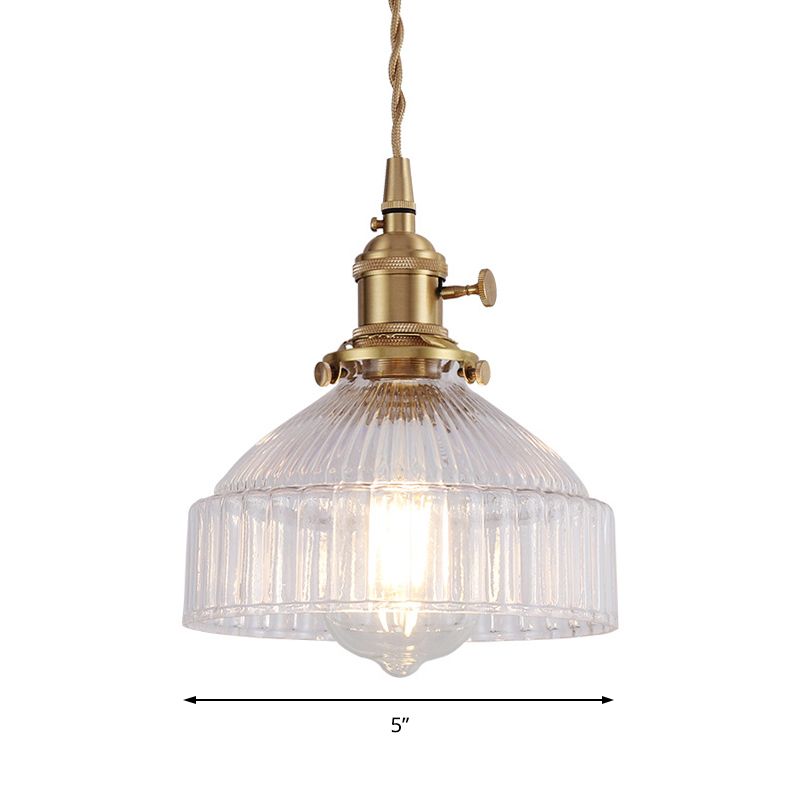 Bowl Living Room Hanging Light Kit Industrial Clear Ribbed Glass 1 Light Brass Pendant Lighting