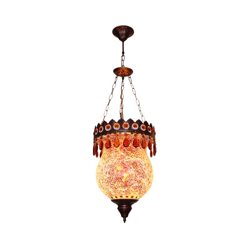 Copper Urn Down Lighting Pendant Retro Hand Cut Glass 1 Light Living Room Ceiling Suspension Lamp