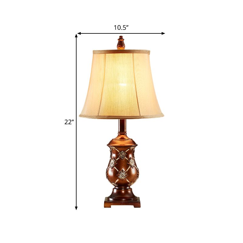 Fabric Bell Shade Night Stand Lamp Traditional Style 1-Bulb Desk Light in Brown with Urn Base