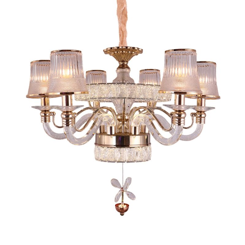 Empire Shape Ridge Glass Hanging Light Fixture Minimalist 6 Heads Gold Chandelier Lamp