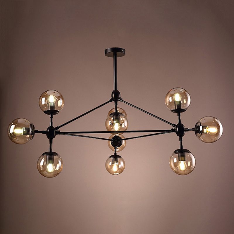 Luz de colgante radial negro en lámpara de hierro forjado de estilo vintage industrial con sombra de vidrio