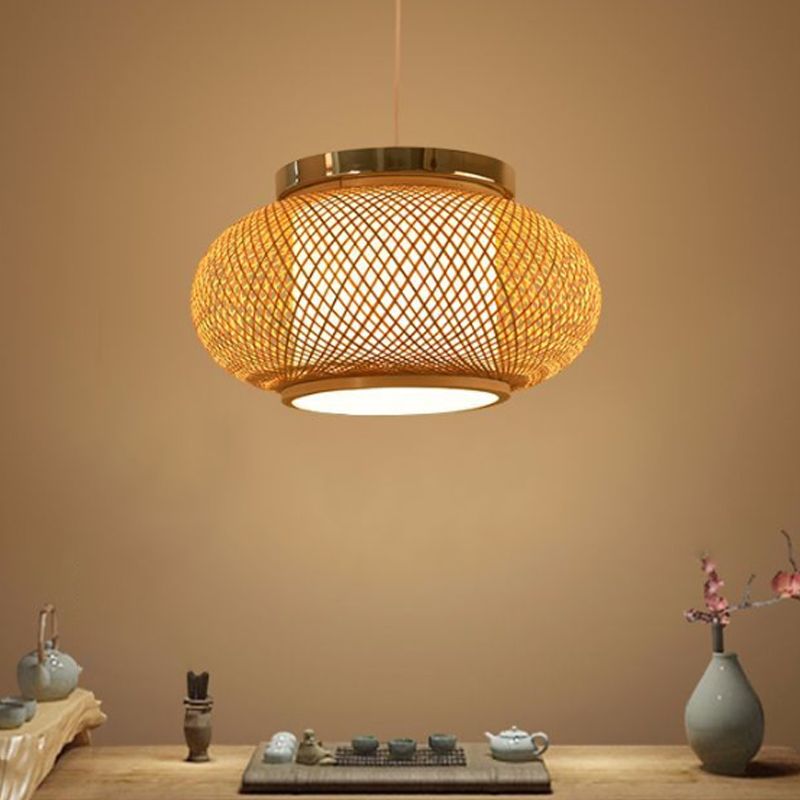 Asian Style 1 Light Hanging Lamp with Bamboo Shade Beige Rounded Drum Pendant Light Fixture, 16"/19.5" W