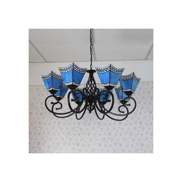Nautical Trapezoid Hanging Light with Blue Glass Shade 8 Lights Living Room Lighting