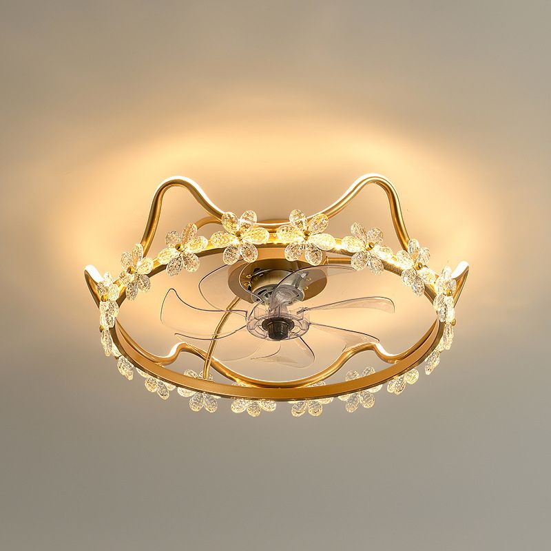 Crystal Crown LED Fan Light Children Style Semi Flush Mount Light Fixture for Bedroom