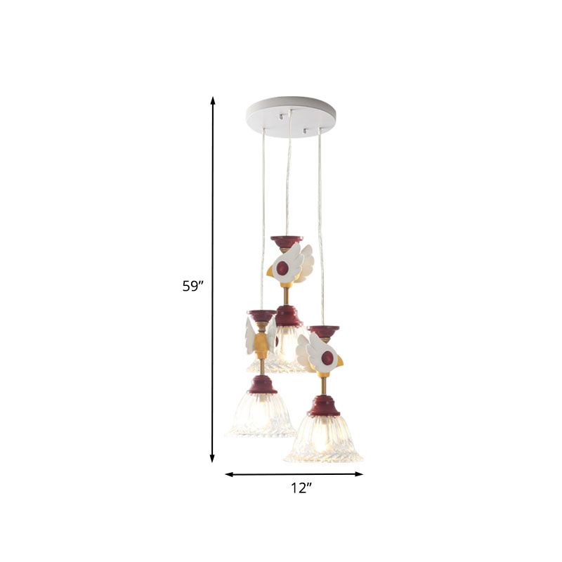 Cartoon Flared Cluster Pendant Clear Glass 3 Lights Bedroom Ceiling Suspension Lamp in Red with Globe/Bird Design