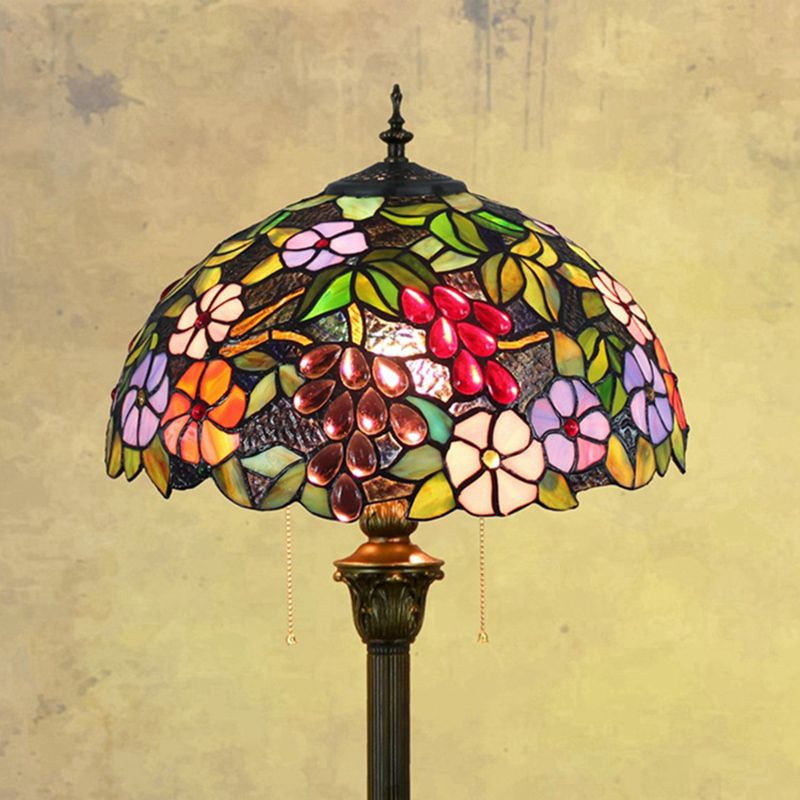 Bowl Shade Floor Lamp Antique Stained Art Glass 2 Heads Purple Standing Lighting with Grape and Flower Pattern