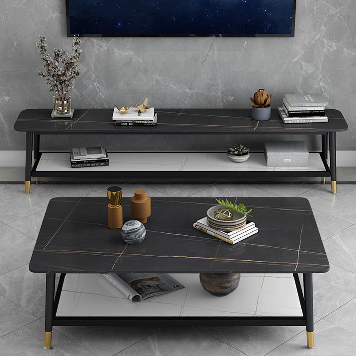 Glam Style Stone TV Stand 2 Shelves Open Storage TV Stand Console