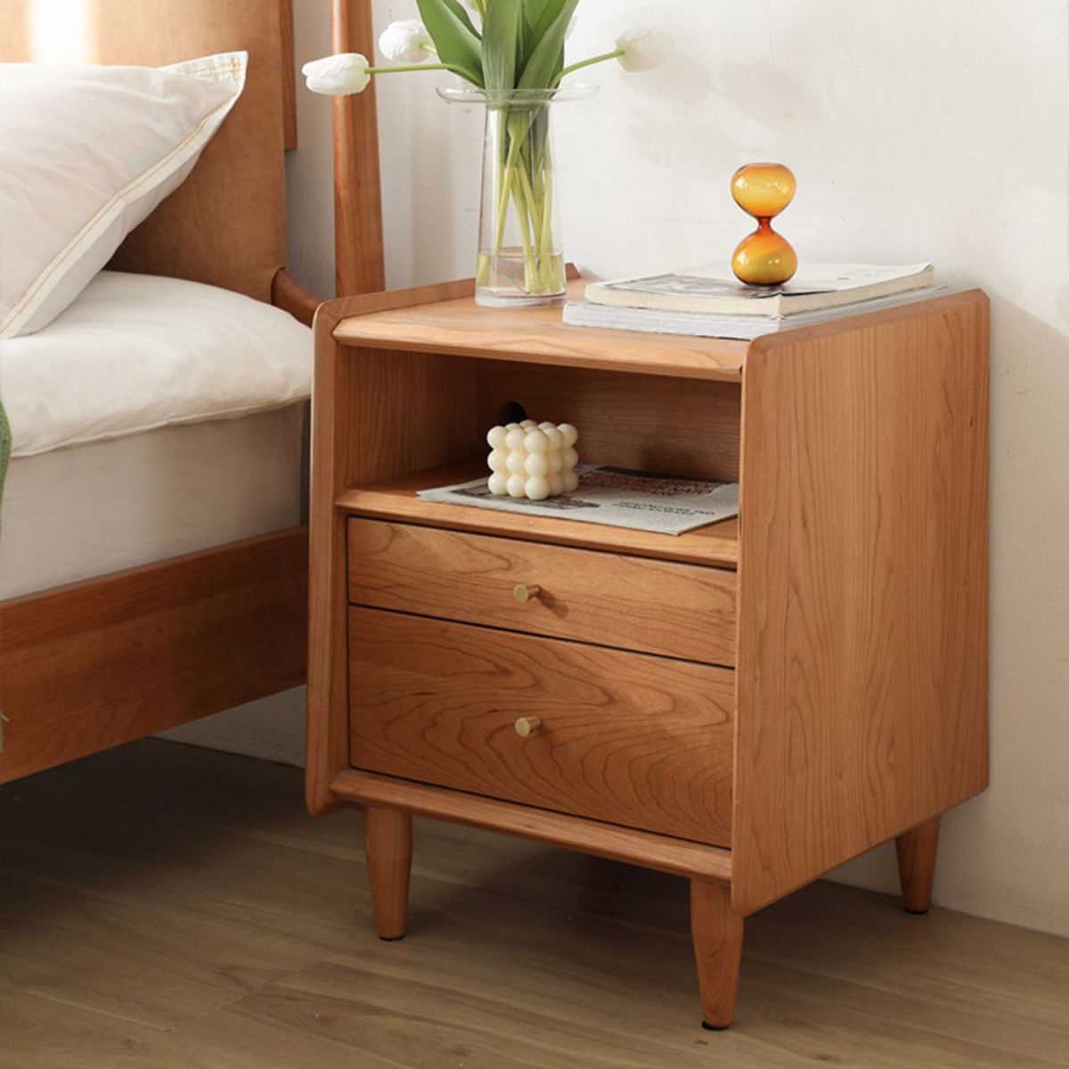 2 Drawers Medium Wood Night Table Contemporary Nightstand with 1 Shelf ,21.7" Tall