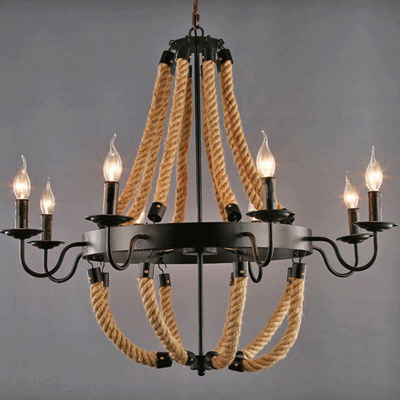 Flaxen Candlestick Chandelier Lighting Rustic Iron Living Room Pendant Light with Hemp Rope