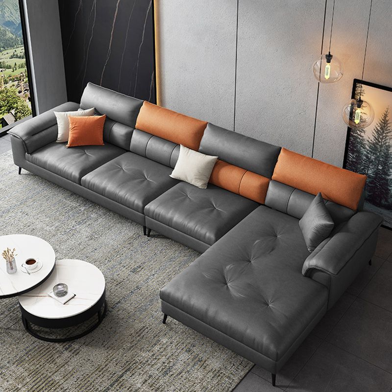 137.8" W x 70.87" D x 35.43" H Faux Leather Sofa & Chaise Modern Sewn Pillow Back Sofa